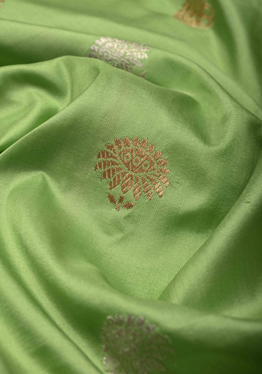 Pista Green Banarasi Katan Silk Saree with Sona Rupa Floral Buttas and Alfi Border | SILK MARK CERTIFIED