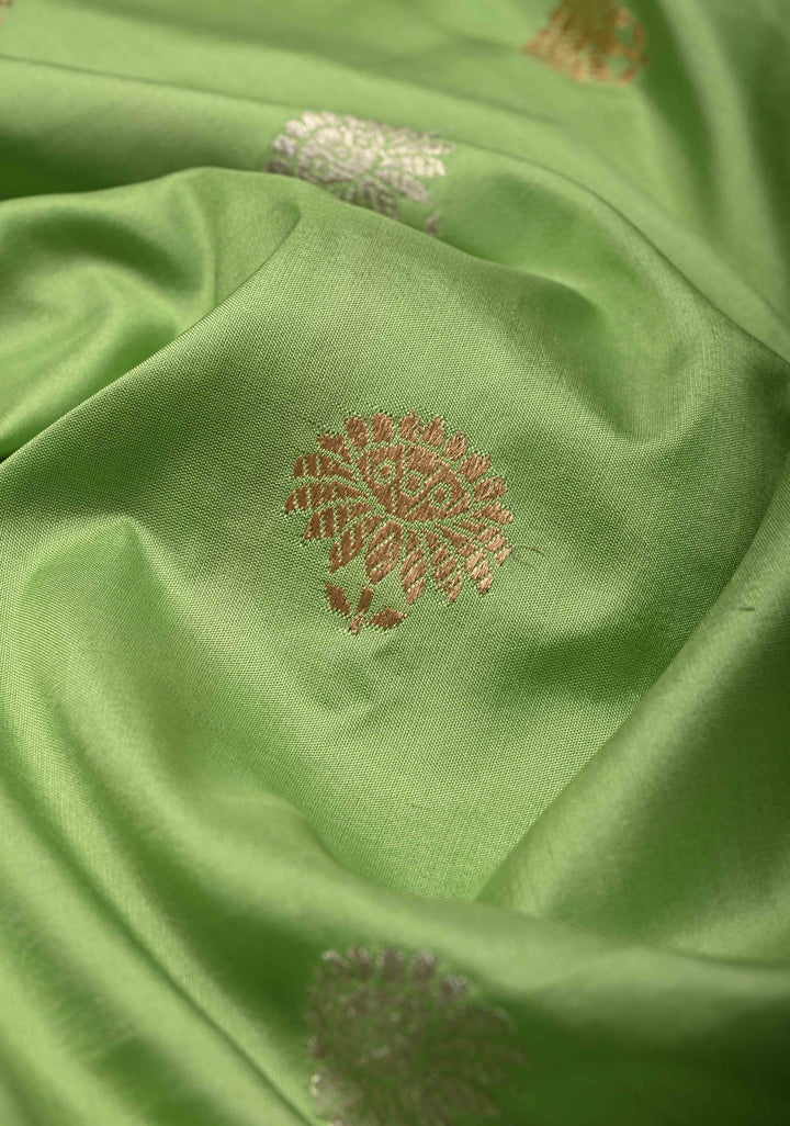 Pista Green Banarasi Katan Silk Saree with Sona Rupa Floral Buttas and Alfi Border | SILK MARK CERTIFIED