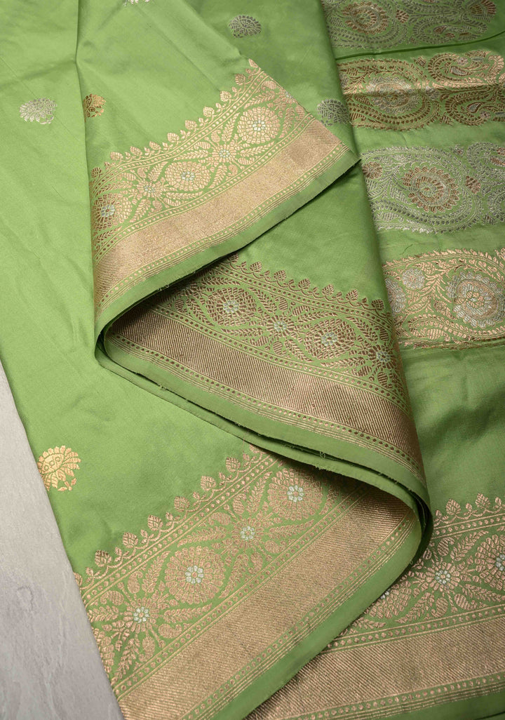 Pista Green Banarasi Katan Silk Saree with Sona Rupa Floral Buttas and Alfi Border | SILK MARK CERTIFIED