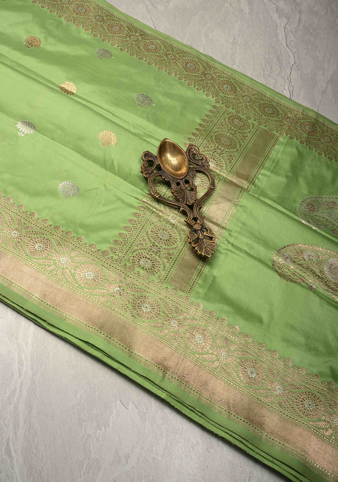 Pista Green Banarasi Katan Silk Saree with Sona Rupa Floral Buttas and Alfi Border | SILK MARK CERTIFIED