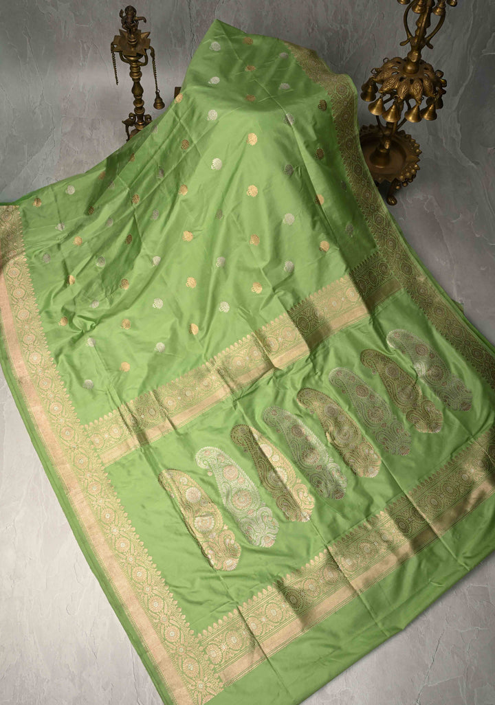 Pista Green Banarasi Katan Silk Saree with Sona Rupa Floral Buttas and Alfi Border | SILK MARK CERTIFIED