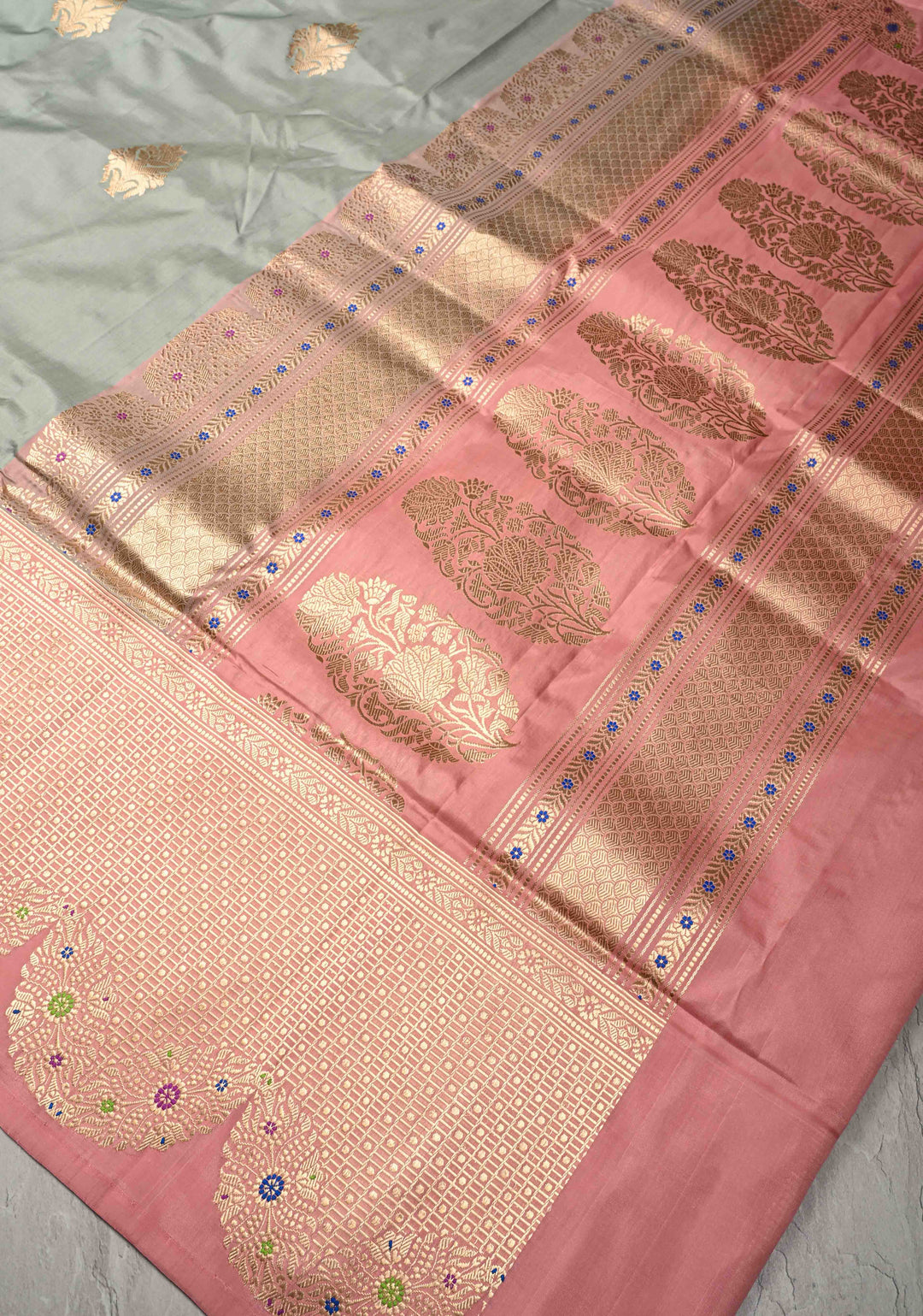Sage Green Banarasi Katan Tissue Silk Saree with Floral Zari buttas and Contrst Meenakari  Scallop Zari Border | SILK MARK CERTIFIED