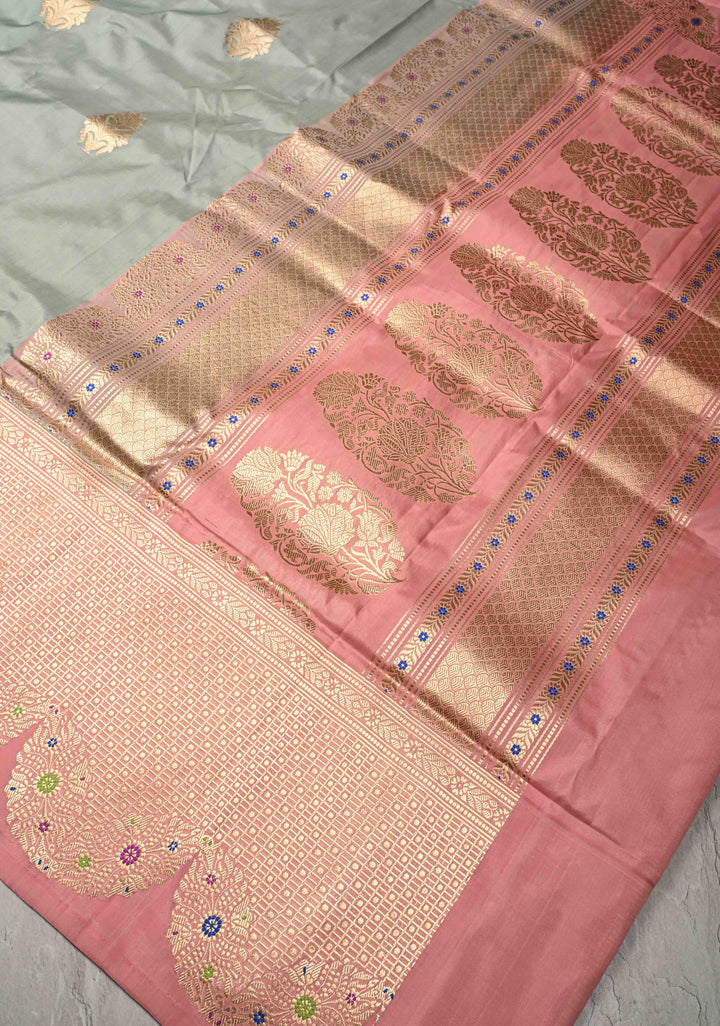 Sage Green Banarasi Katan Tissue Silk Saree with Floral Zari buttas and Contrst Meenakari  Scallop Zari Border | SILK MARK CERTIFIED