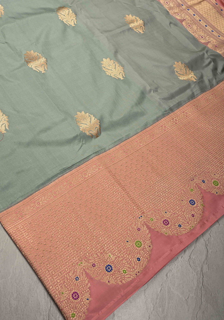 Sage Green Banarasi Katan Tissue Silk Saree with Floral Zari buttas and Contrst Meenakari  Scallop Zari Border | SILK MARK CERTIFIED