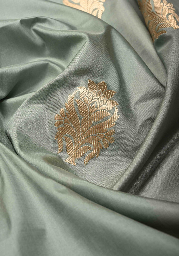 Sage Green Banarasi Katan Tissue Silk Saree with Floral Zari buttas and Contrst Meenakari  Scallop Zari Border | SILK MARK CERTIFIED