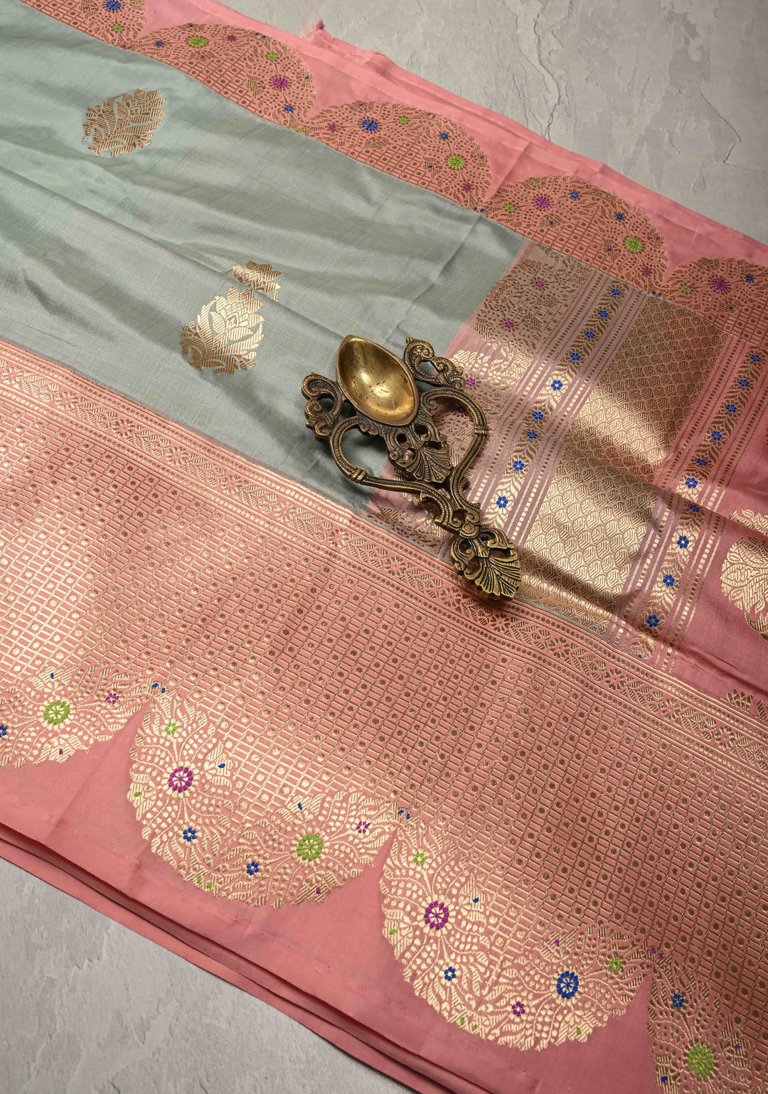 Sage Green Banarasi Katan Tissue Silk Saree with Floral Zari buttas and Contrst Meenakari  Scallop Zari Border | SILK MARK CERTIFIED