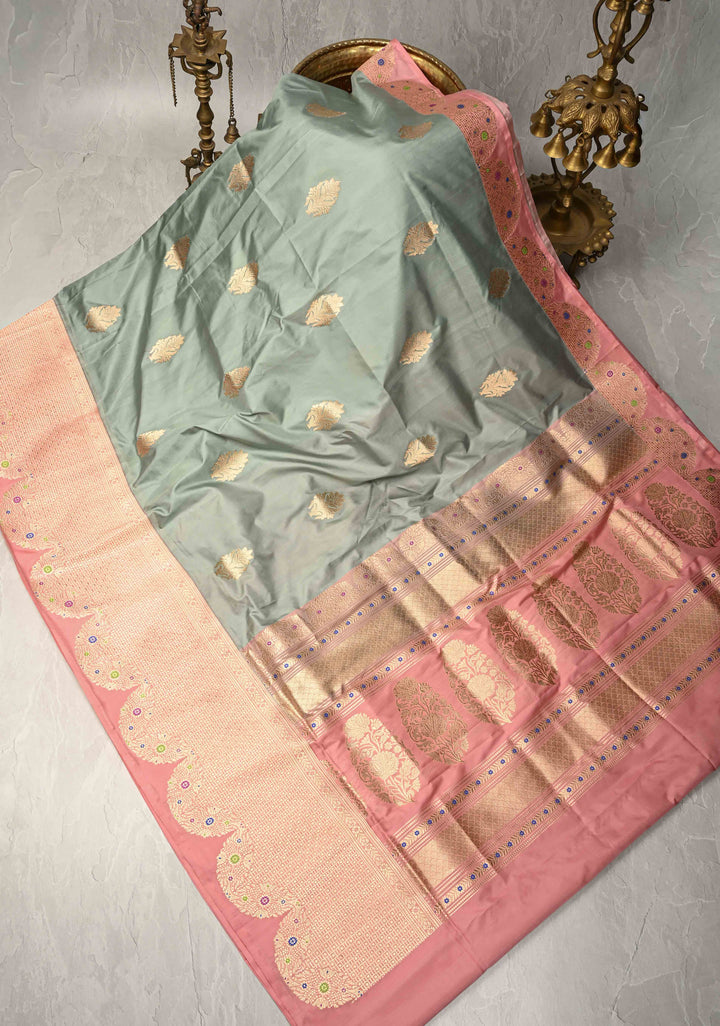 Sage Green Banarasi Katan Tissue Silk Saree with Floral Zari buttas and Contrst Meenakari  Scallop Zari Border | SILK MARK CERTIFIED
