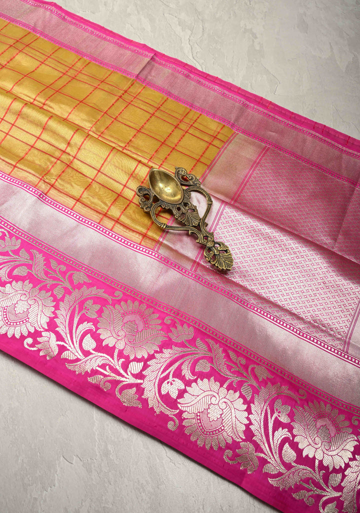 Gold Banarasi Kora Silk Saree with Checks Patter and Contrst Zari Border | SILK MARK CERTIFIED