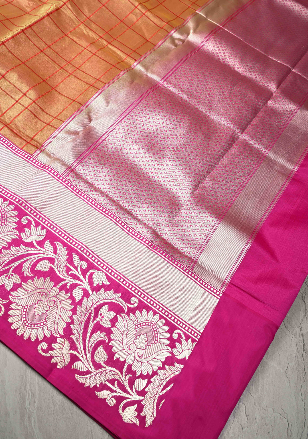 Gold Banarasi Kora Silk Saree with Checks Patter and Contrst Zari Border | SILK MARK CERTIFIED