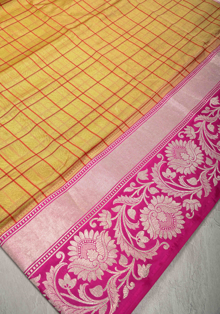 Gold Banarasi Kora Silk Saree with Checks Patter and Contrst Zari Border | SILK MARK CERTIFIED