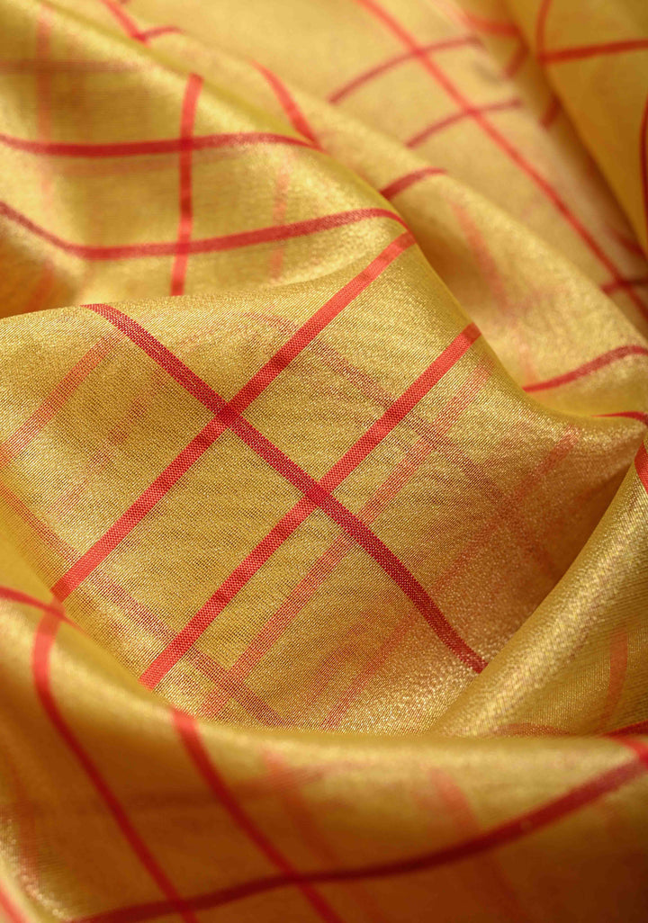 Gold Banarasi Kora Silk Saree with Checks Patter and Contrst Zari Border | SILK MARK CERTIFIED