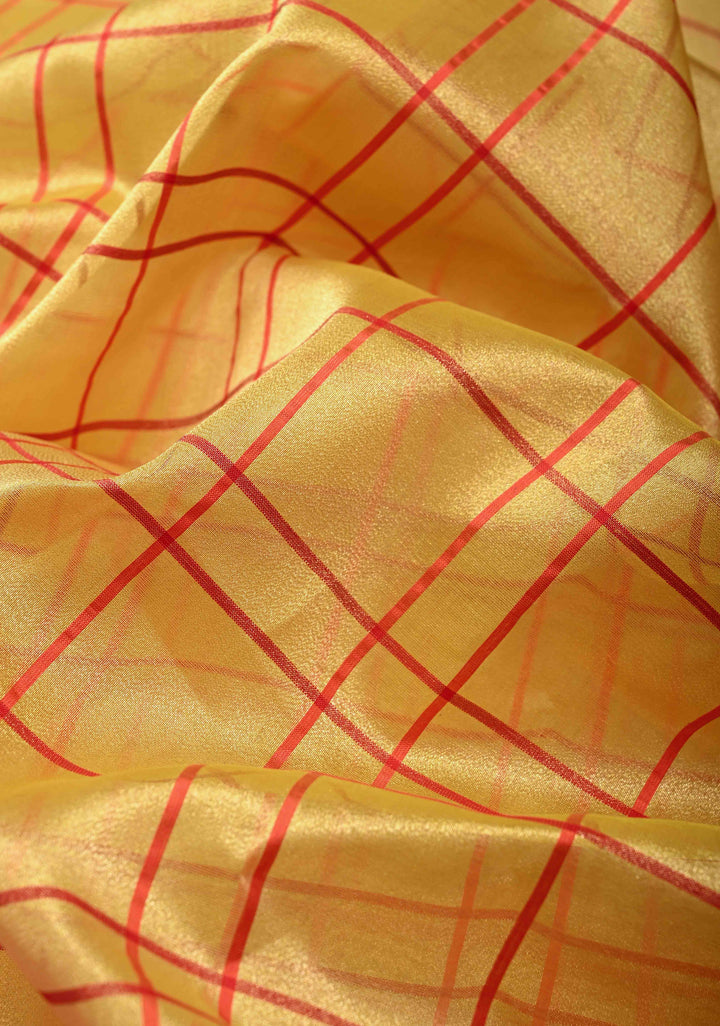 Gold Banarasi Kora Silk Saree with Checks Patter and Contrst Zari Border | SILK MARK CERTIFIED