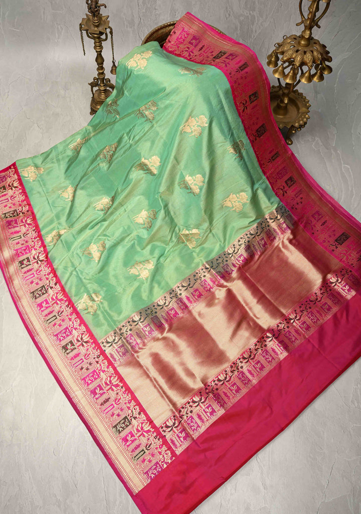 Pista Green Banarasi Katan Tissue Silk Saree with Floral Zari buttas and Contrast Meenakari Zari Border | SILK MARK CERTIFIED