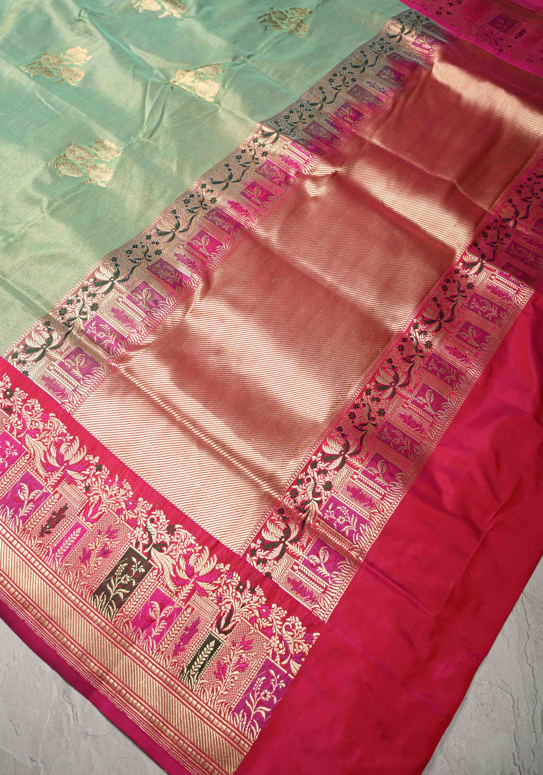Pista Green Banarasi Katan Tissue Silk Saree with Floral Zari buttas and Contrast Meenakari Zari Border | SILK MARK CERTIFIED