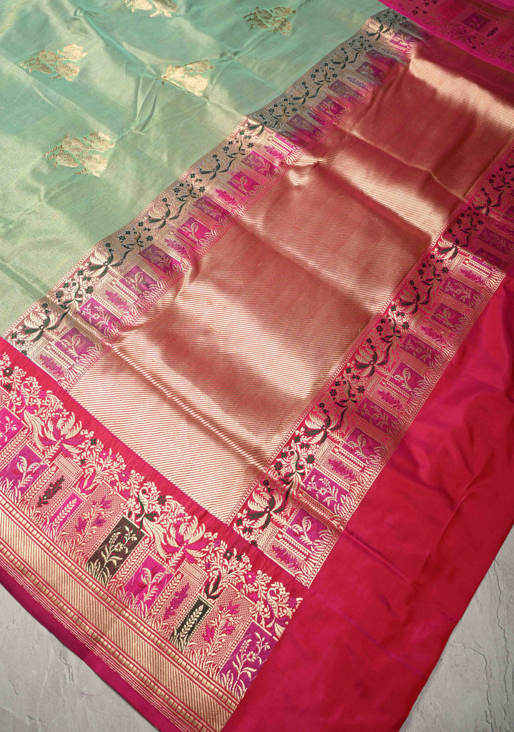 Pista Green Banarasi Katan Tissue Silk Saree with Floral Zari buttas and Contrast Meenakari Zari Border | SILK MARK CERTIFIED