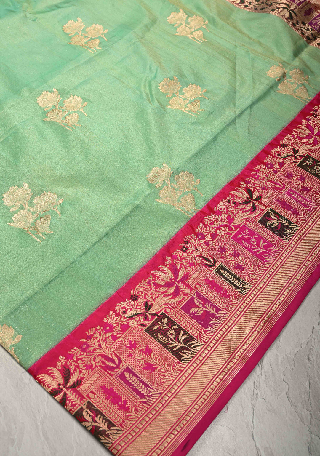 Pista Green Banarasi Katan Tissue Silk Saree with Floral Zari buttas and Contrast Meenakari Zari Border | SILK MARK CERTIFIED