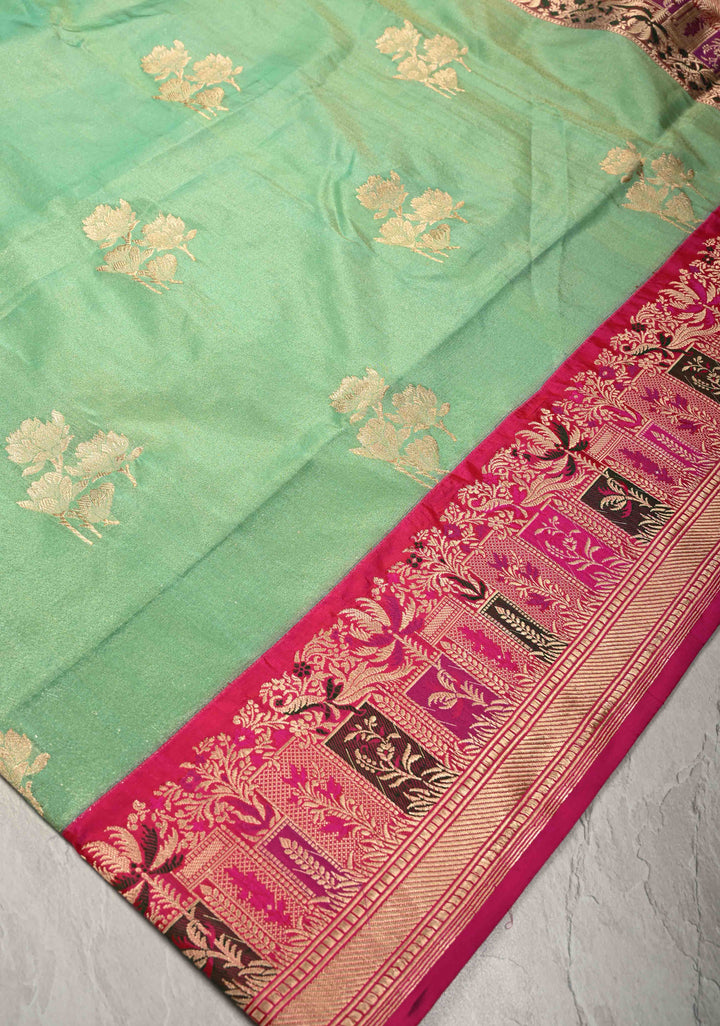 Pista Green Banarasi Katan Tissue Silk Saree with Floral Zari buttas and Contrast Meenakari Zari Border | SILK MARK CERTIFIED