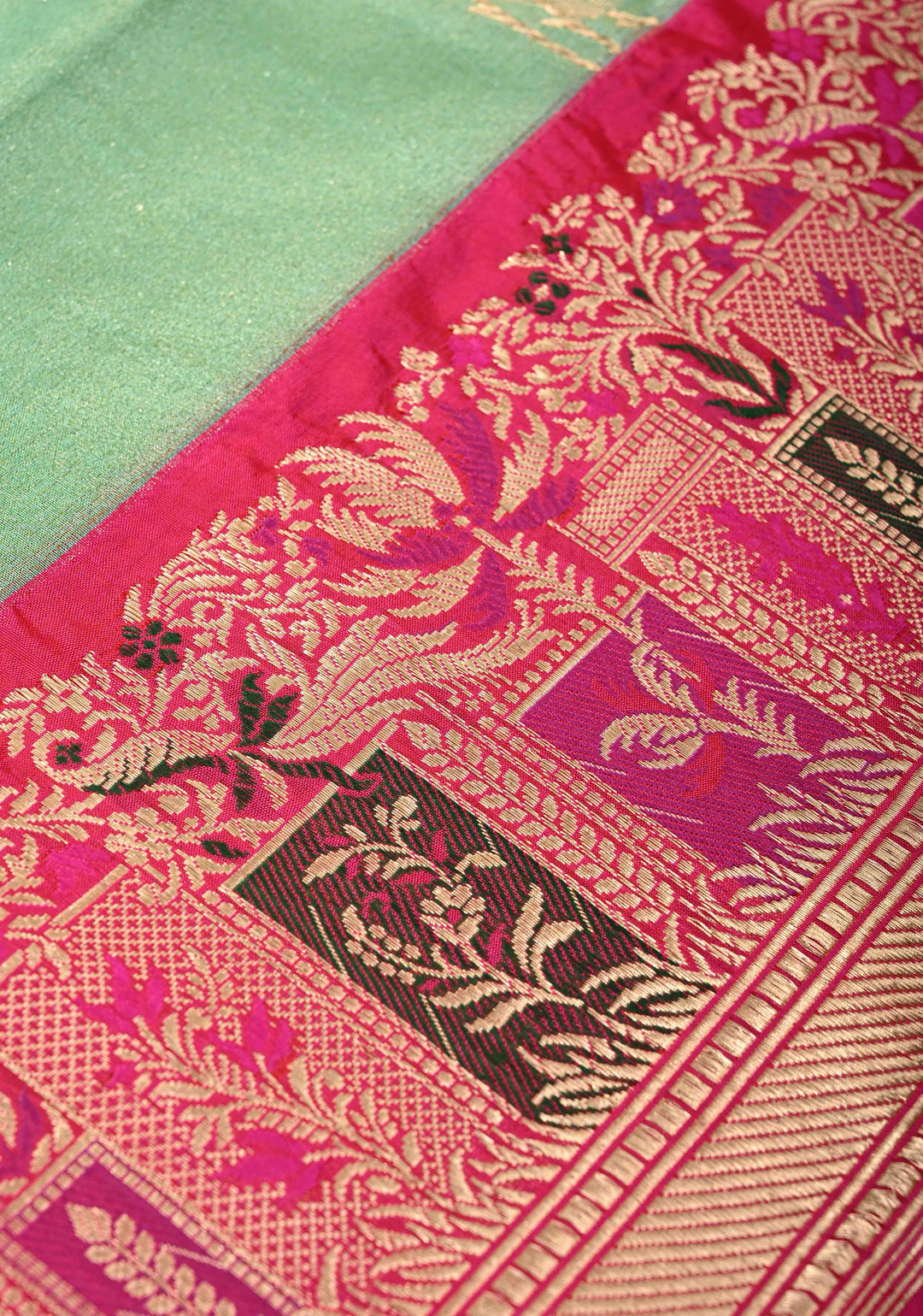 Pista Green Banarasi Katan Tissue Silk Saree with Floral Zari buttas and Contrast Meenakari Zari Border | SILK MARK CERTIFIED