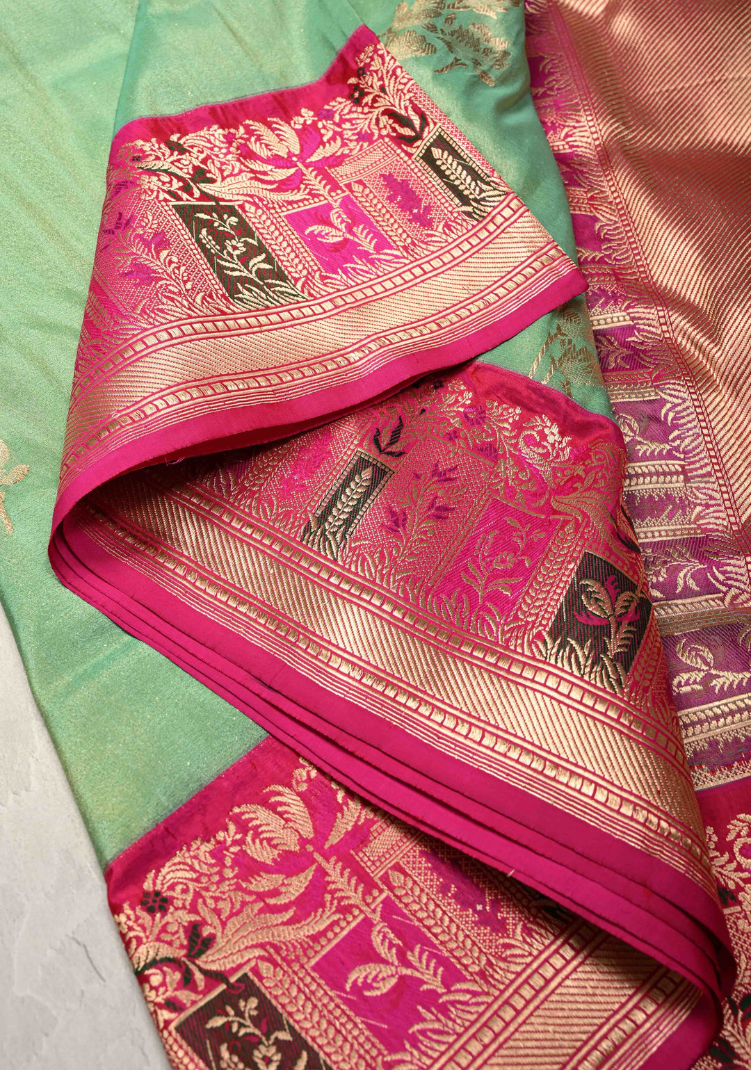Pista Green Banarasi Katan Tissue Silk Saree with Floral Zari buttas and Contrast Meenakari Zari Border | SILK MARK CERTIFIED