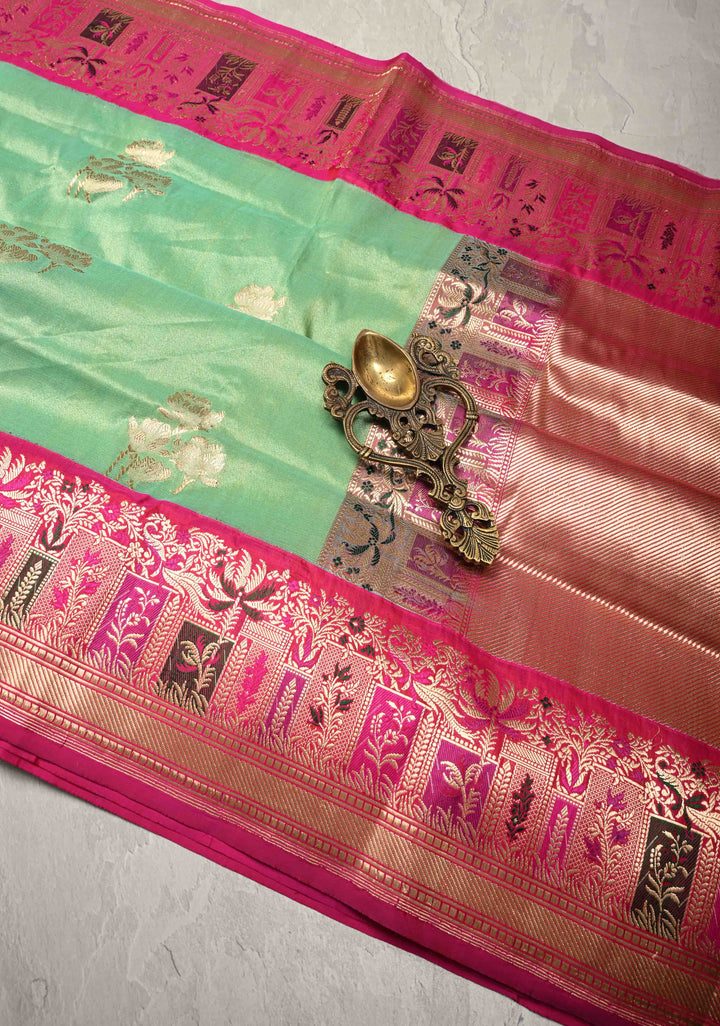Pista Green Banarasi Katan Tissue Silk Saree with Floral Zari buttas and Contrast Meenakari Zari Border | SILK MARK CERTIFIED