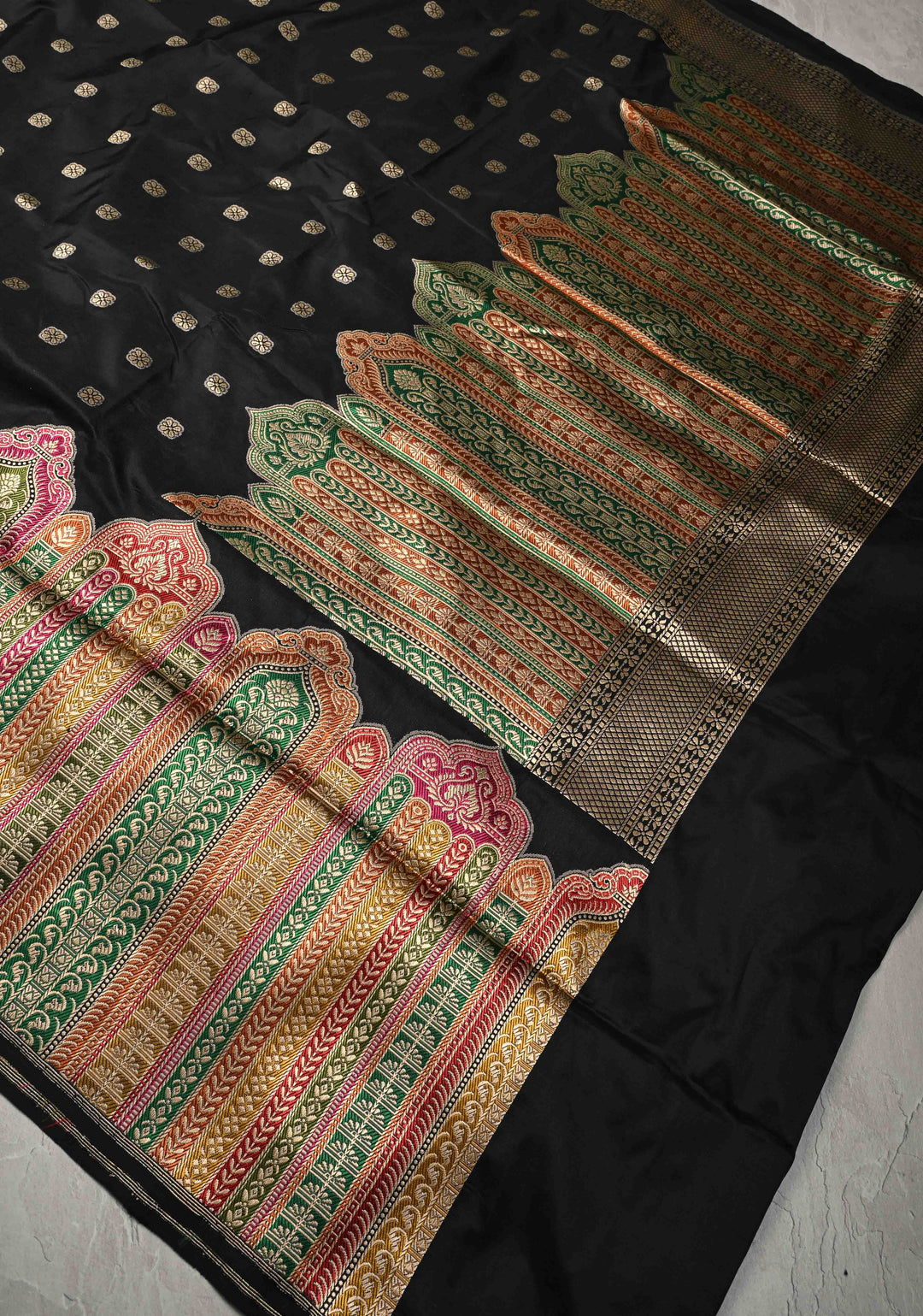 Exquisite Black Banarasi Katan Silk Saree with Floral Buttis and Meenakari Arch Wide Zari Border | SILK MARK CERTIFIED