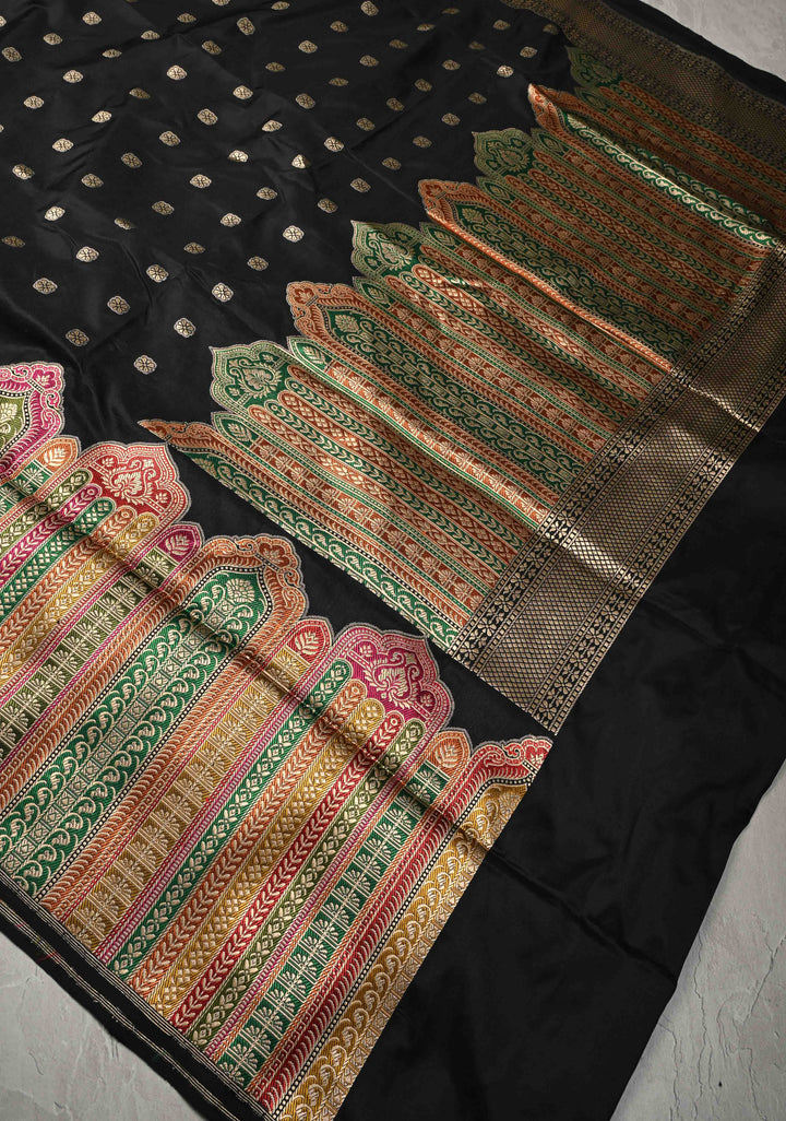 Exquisite Black Banarasi Katan Silk Saree with Floral Buttis and Meenakari Arch Wide Zari Border | SILK MARK CERTIFIED