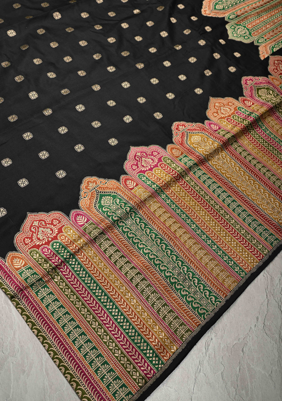 Exquisite Black Banarasi Katan Silk Saree with Floral Buttis and Meenakari Arch Wide Zari Border | SILK MARK CERTIFIED