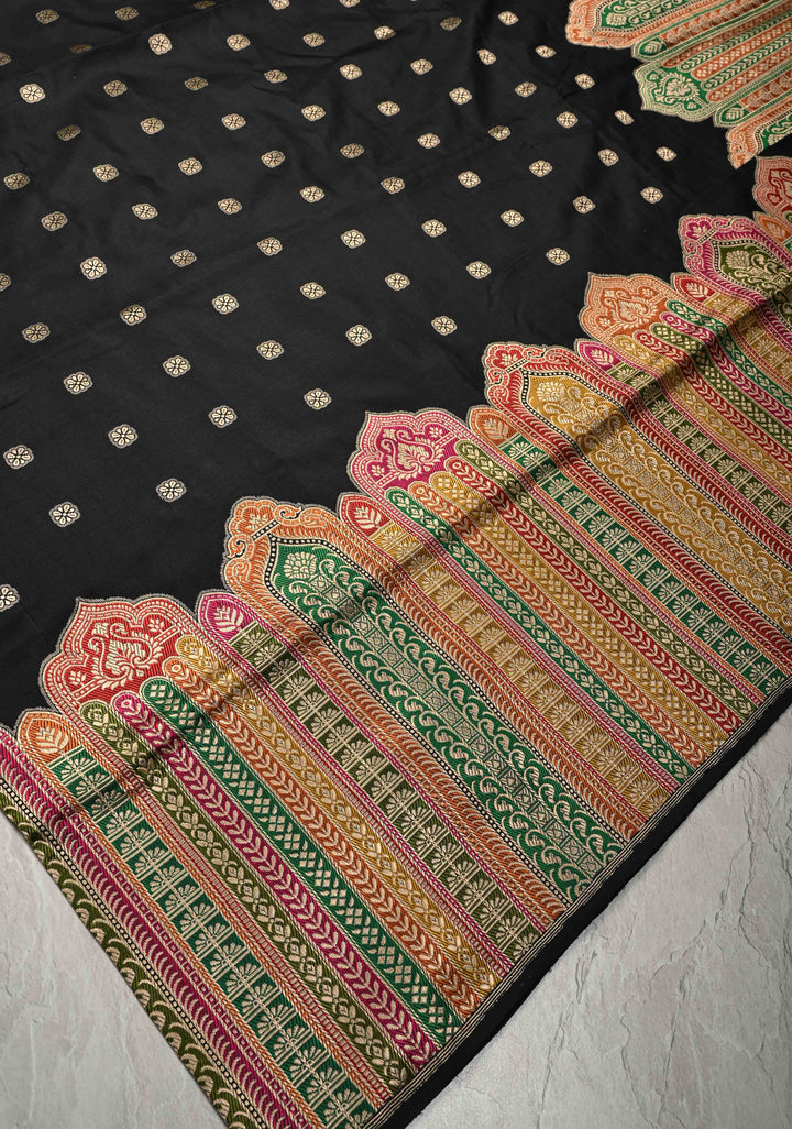 Exquisite Black Banarasi Katan Silk Saree with Floral Buttis and Meenakari Arch Wide Zari Border | SILK MARK CERTIFIED