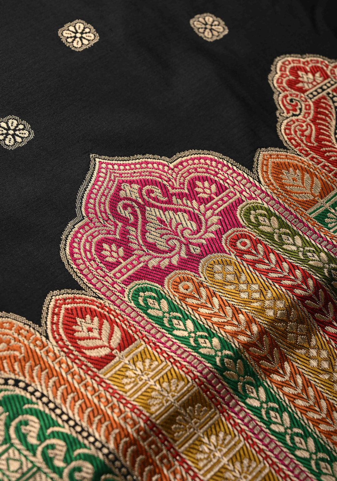Exquisite Black Banarasi Katan Silk Saree with Floral Buttis and Meenakari Arch Wide Zari Border | SILK MARK CERTIFIED