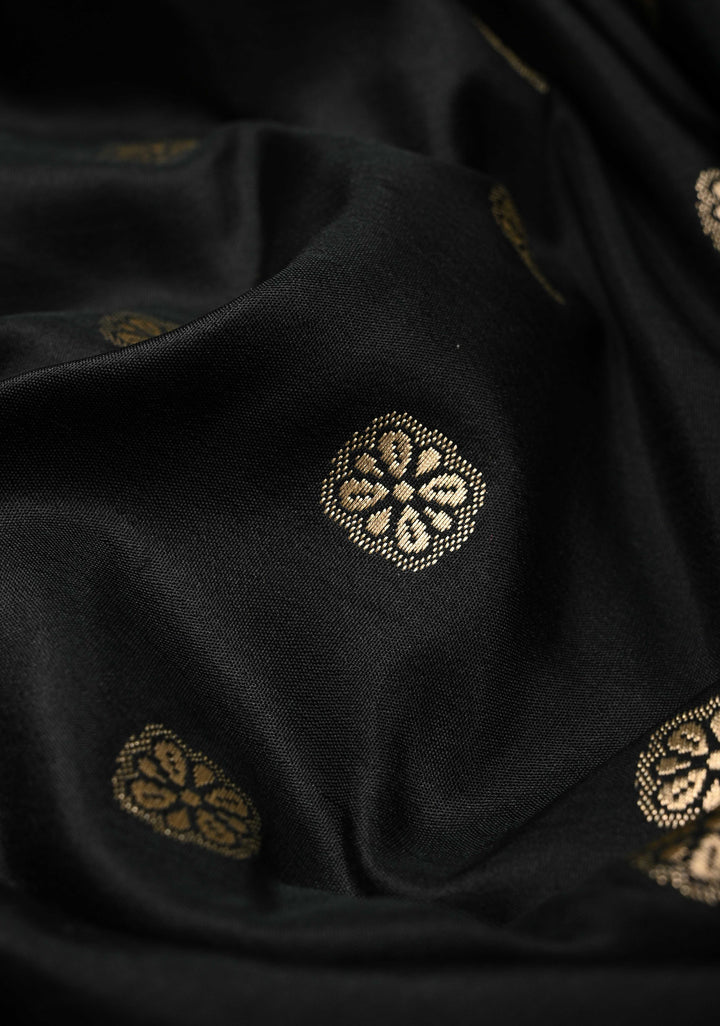 Exquisite Black Banarasi Katan Silk Saree with Floral Buttis and Meenakari Arch Wide Zari Border | SILK MARK CERTIFIED
