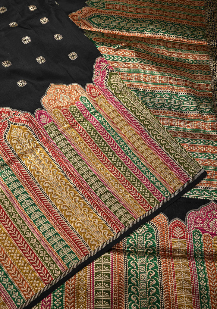 Exquisite Black Banarasi Katan Silk Saree with Floral Buttis and Meenakari Arch Wide Zari Border | SILK MARK CERTIFIED