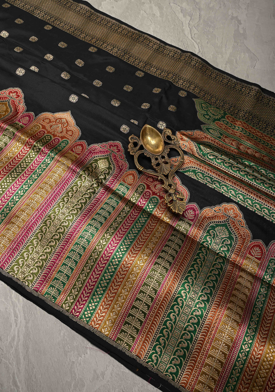 Exquisite Black Banarasi Katan Silk Saree with Floral Buttis and Meenakari Arch Wide Zari Border | SILK MARK CERTIFIED