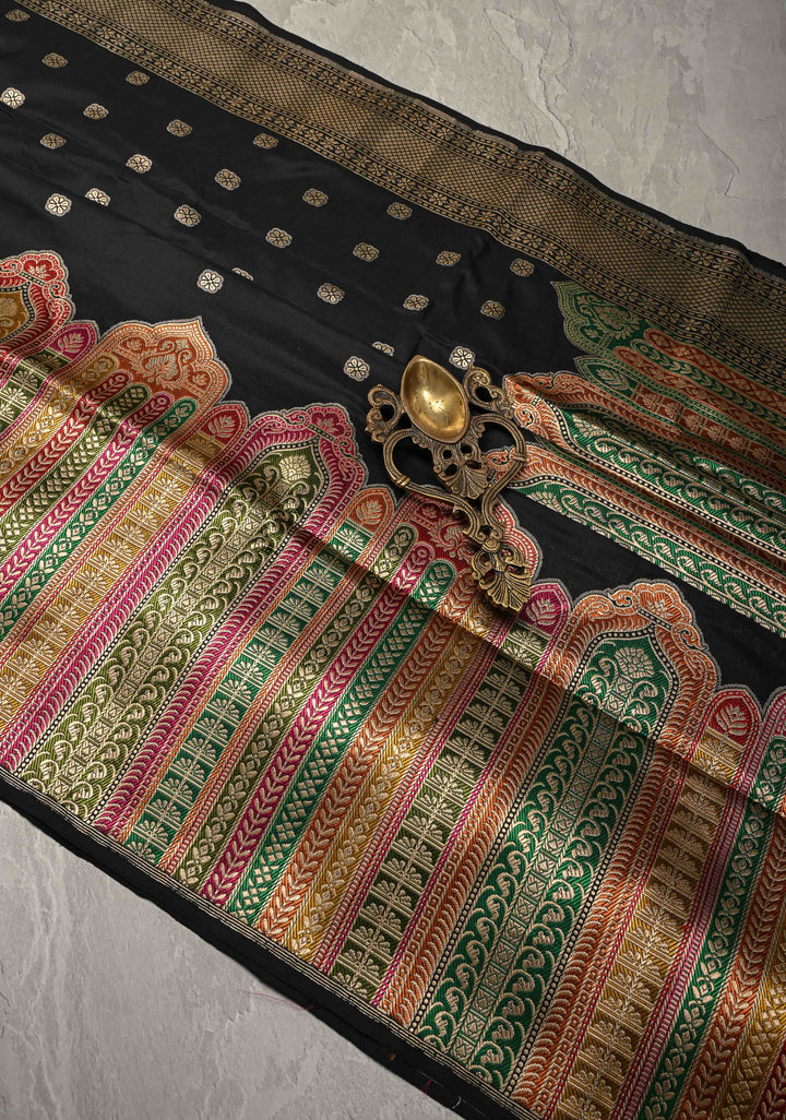 Exquisite Black Banarasi Katan Silk Saree with Floral Buttis and Meenakari Arch Wide Zari Border | SILK MARK CERTIFIED