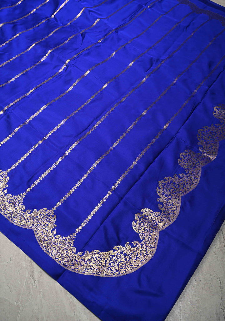 Royal Blue Mashru  Silk Saree with stripes Pattern and Scalloped  Zari Border | SILK MARK CERTIFIED