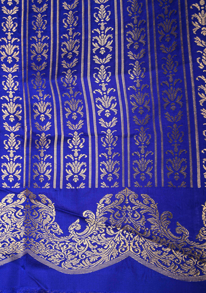 Royal Blue Mashru  Silk Saree with stripes Pattern and Scalloped  Zari Border | SILK MARK CERTIFIED