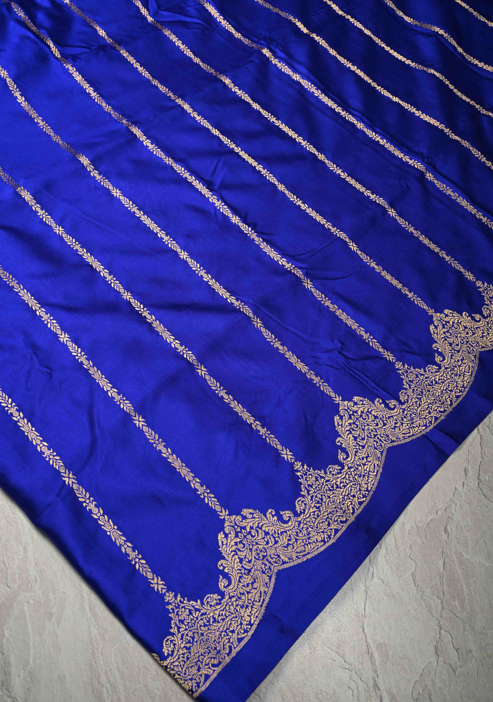 Royal Blue Mashru  Silk Saree with stripes Pattern and Scalloped  Zari Border | SILK MARK CERTIFIED