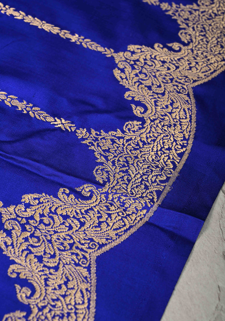 Royal Blue Mashru  Silk Saree with stripes Pattern and Scalloped  Zari Border | SILK MARK CERTIFIED