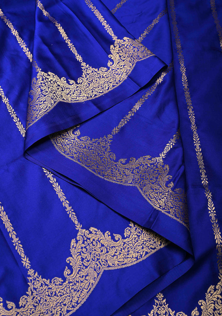 Royal Blue Mashru  Silk Saree with stripes Pattern and Scalloped  Zari Border | SILK MARK CERTIFIED
