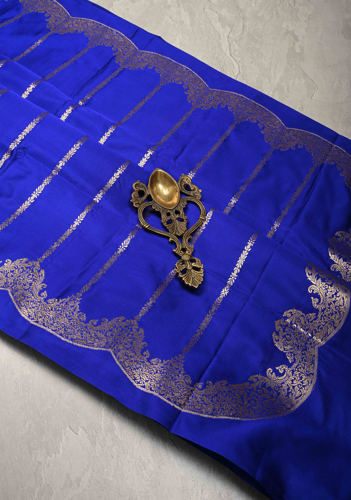 Royal Blue Mashru  Silk Saree with stripes Pattern and Scalloped  Zari Border | SILK MARK CERTIFIED