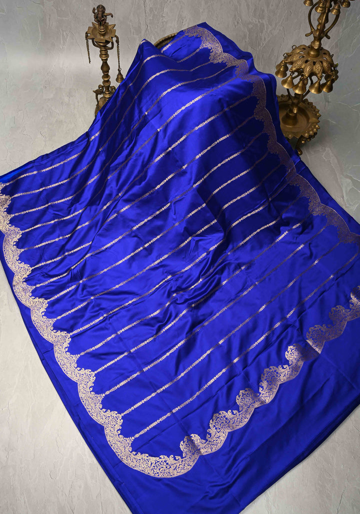 Royal Blue Mashru  Silk Saree with stripes Pattern and Scalloped  Zari Border | SILK MARK CERTIFIED
