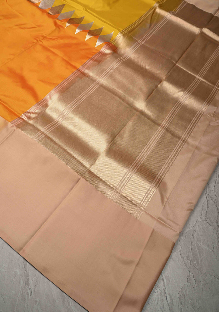 Yellow Ochre Banarasi Katan Silk Saree with Sona Rupa Geometric Panel and Contrast Satin Border | SILK MARK CERTIFIED