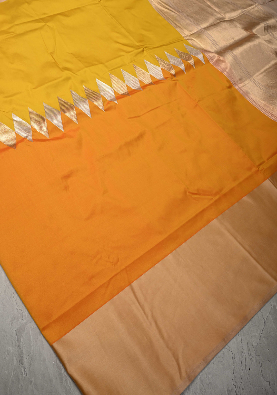 Yellow Ochre Banarasi Katan Silk Saree with Sona Rupa Geometric Panel and Contrast Satin Border | SILK MARK CERTIFIED