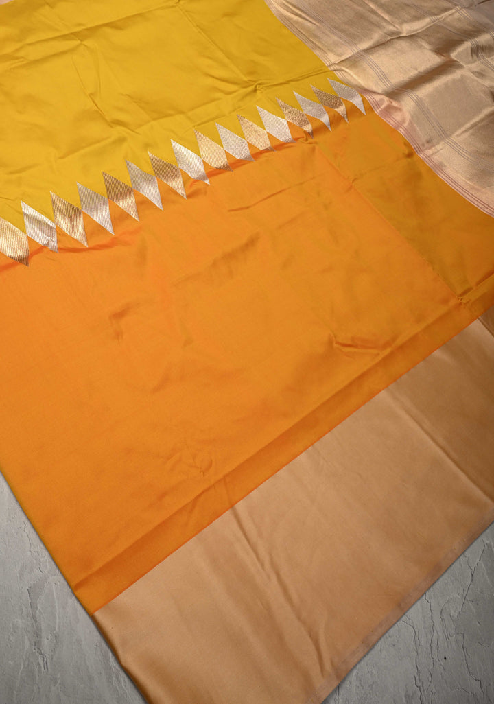 Yellow Ochre Banarasi Katan Silk Saree with Sona Rupa Geometric Panel and Contrast Satin Border | SILK MARK CERTIFIED