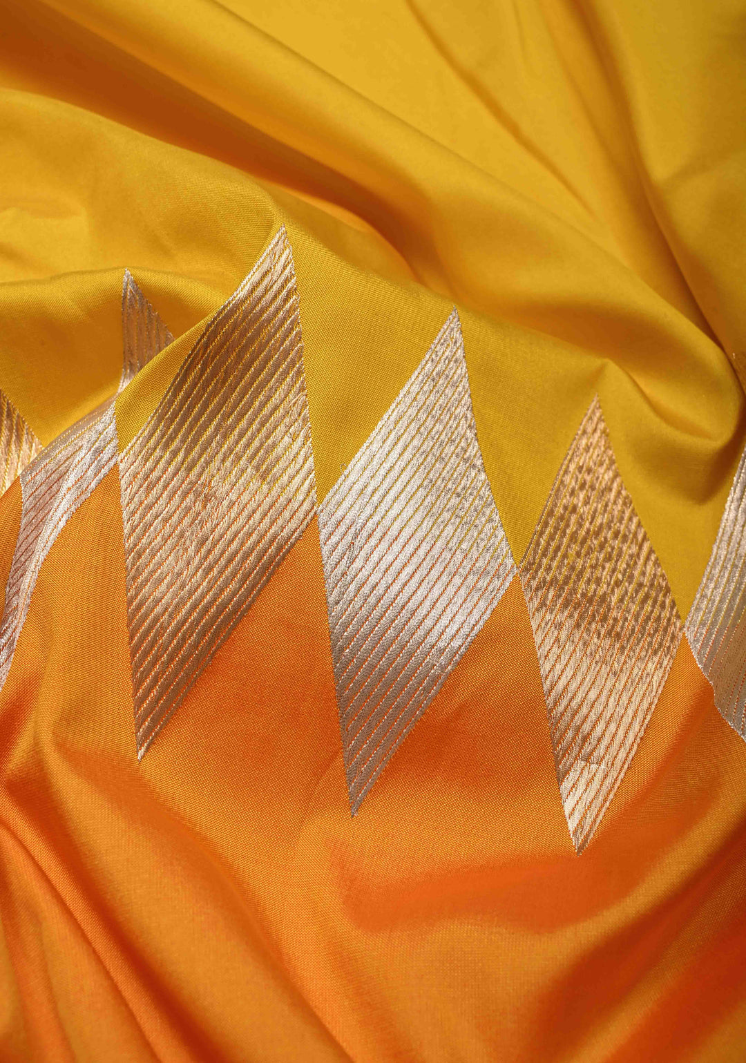 Yellow Ochre Banarasi Katan Silk Saree with Sona Rupa Geometric Panel and Contrast Satin Border | SILK MARK CERTIFIED