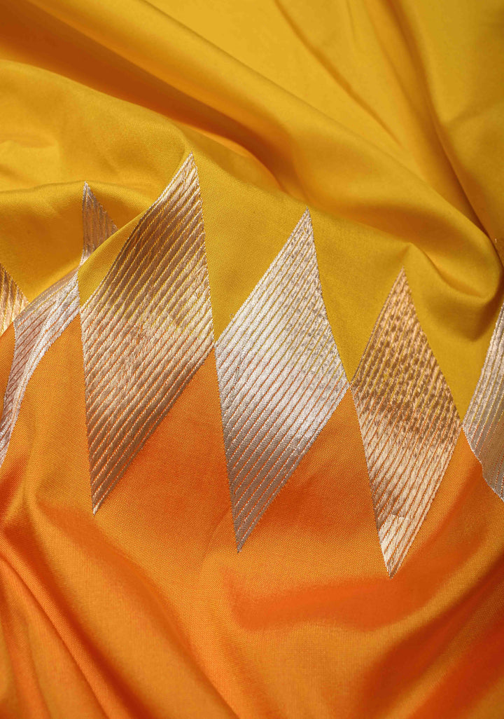 Yellow Ochre Banarasi Katan Silk Saree with Sona Rupa Geometric Panel and Contrast Satin Border | SILK MARK CERTIFIED