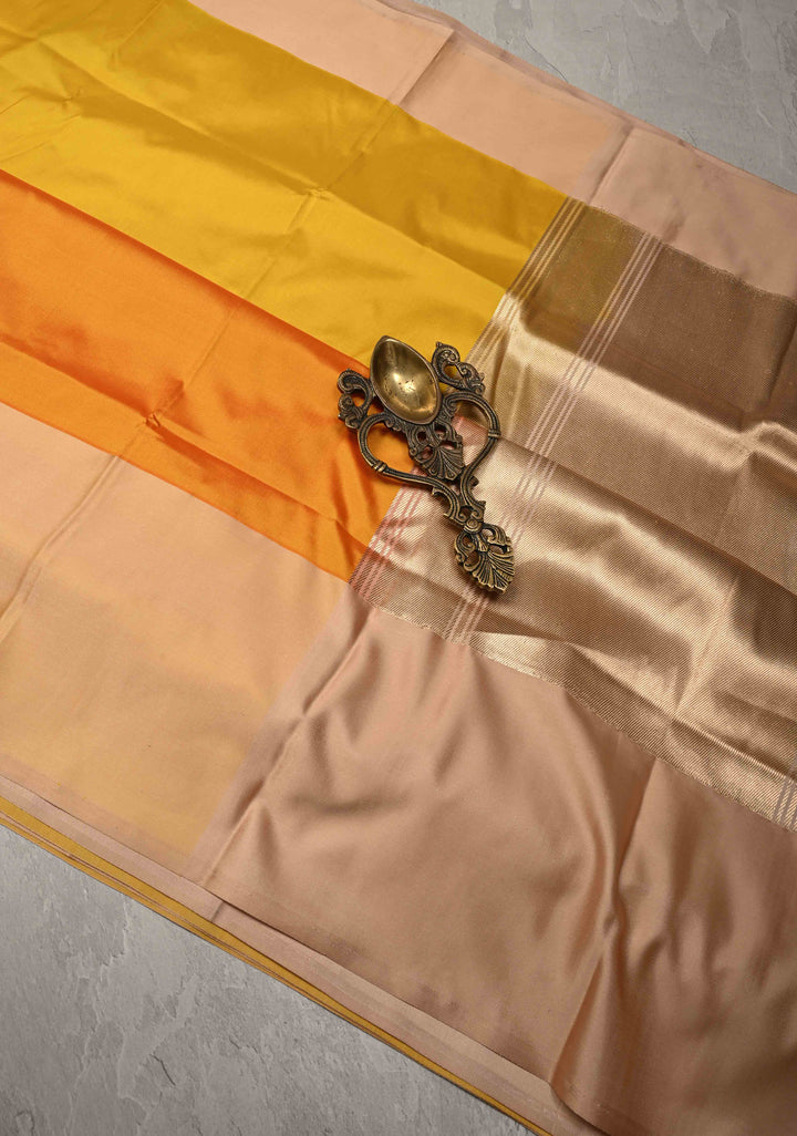 Yellow Ochre Banarasi Katan Silk Saree with Sona Rupa Geometric Panel and Contrast Satin Border | SILK MARK CERTIFIED