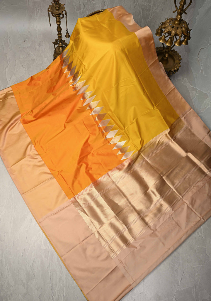Yellow Ochre Banarasi Katan Silk Saree with Sona Rupa Geometric Panel and Contrast Satin Border | SILK MARK CERTIFIED