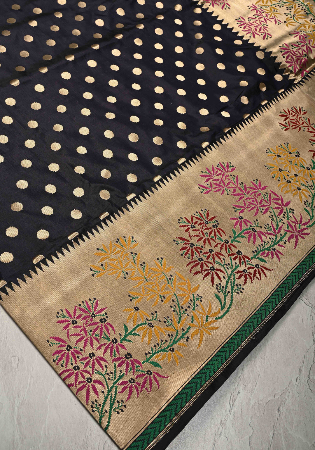 Exquisite Midnight Blue Banarasi Katan Silk Saree with Polka Dot Brocade and Paithani Style Meenakari Wide Zari Border | SILK MARK CERTIFIED