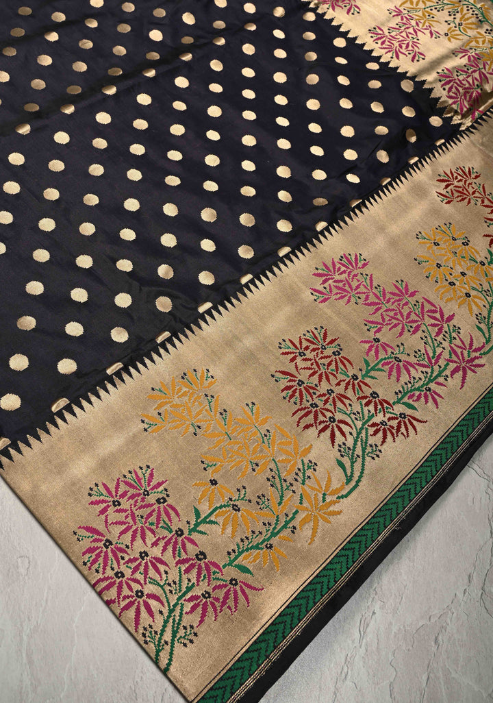 Exquisite Midnight Blue Banarasi Katan Silk Saree with Polka Dot Brocade and Paithani Style Meenakari Wide Zari Border | SILK MARK CERTIFIED