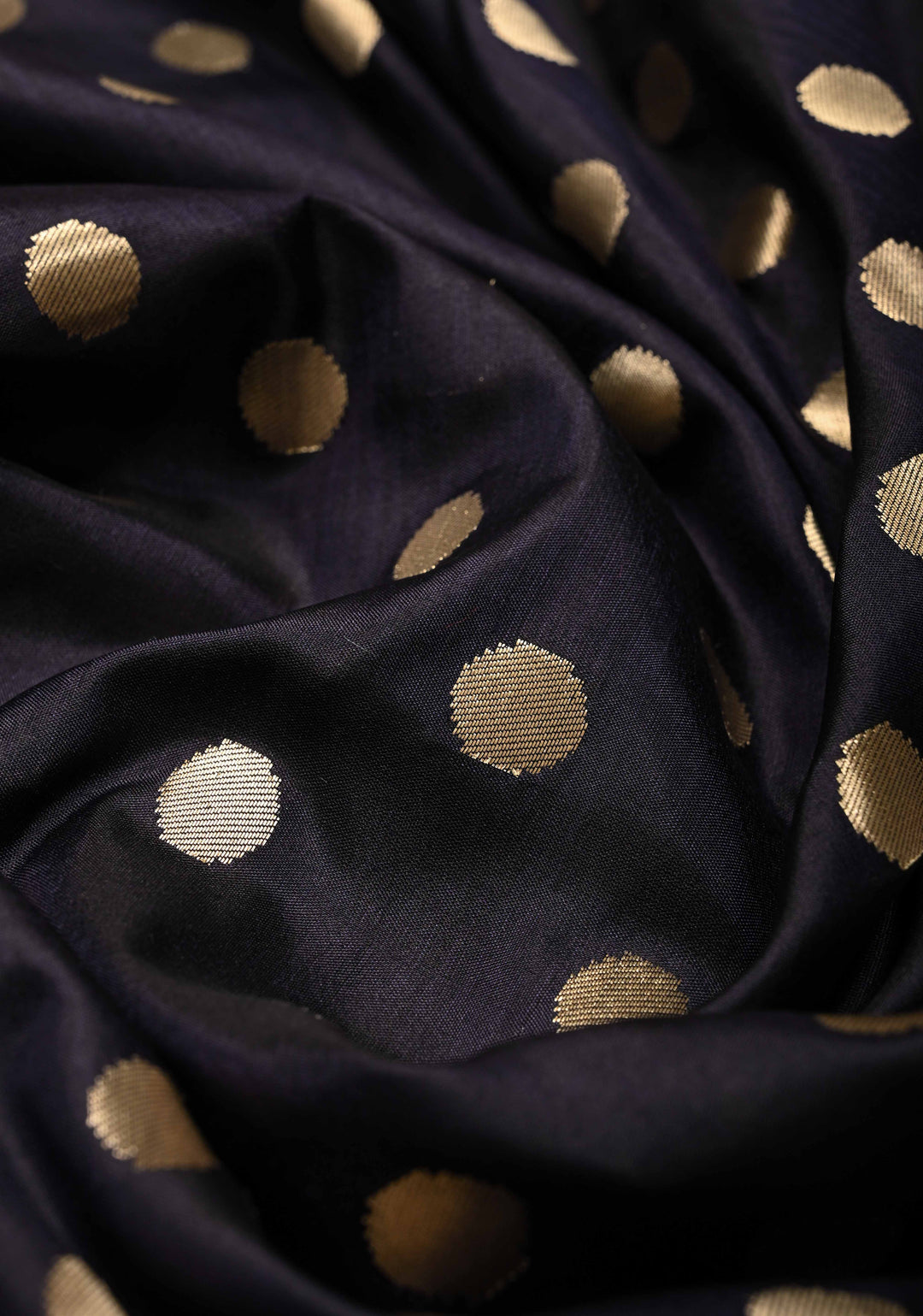 Exquisite Midnight Blue Banarasi Katan Silk Saree with Polka Dot Brocade and Paithani Style Meenakari Wide Zari Border | SILK MARK CERTIFIED